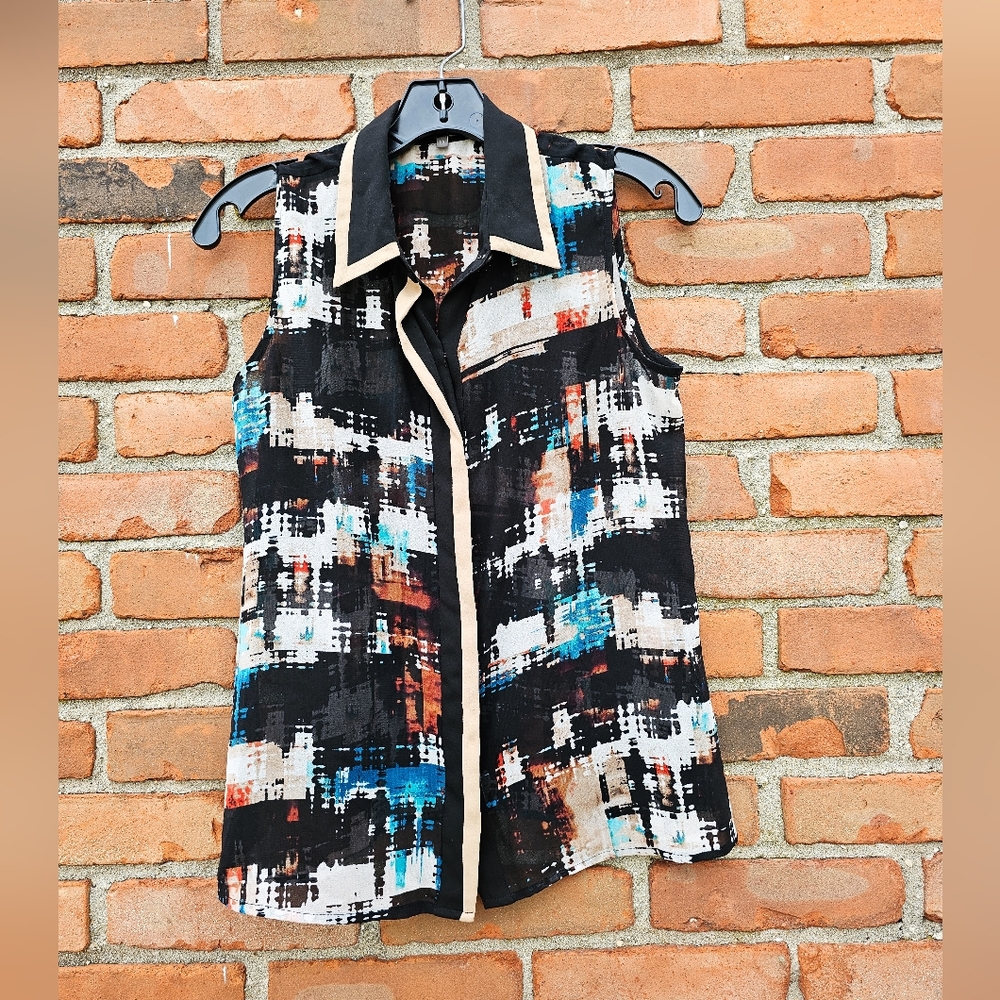 🖤 Vince Camuto Sheer Geometric Print Sleeveless Button-Front Blouse | Size PS